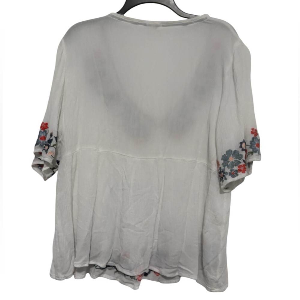 Embroidered V-Neck Womenβs Peasant Top - White with Coral & Blue Floral - Picture 5 of 7